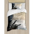 thumbnail image 1 of Hawaiian Duvet Cover Set, Palm Tree Leaves on Grunge Background with Sea Vintage Waterscape Illustration, Decorative 2 Piece Bedding Set with 1 Pillow Shams, Twin Size, Beige Navy, by Ambesonne, 1 of 3