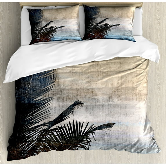 Hawaiian Duvet Cover Set, Palm Tree Leaves on Grunge Background with Sea Vintage Waterscape Illustration, Decorative 3 Piece Bedding Set with 2 Pillow Shams, Calking Size, Beige Navy, by Ambesonne