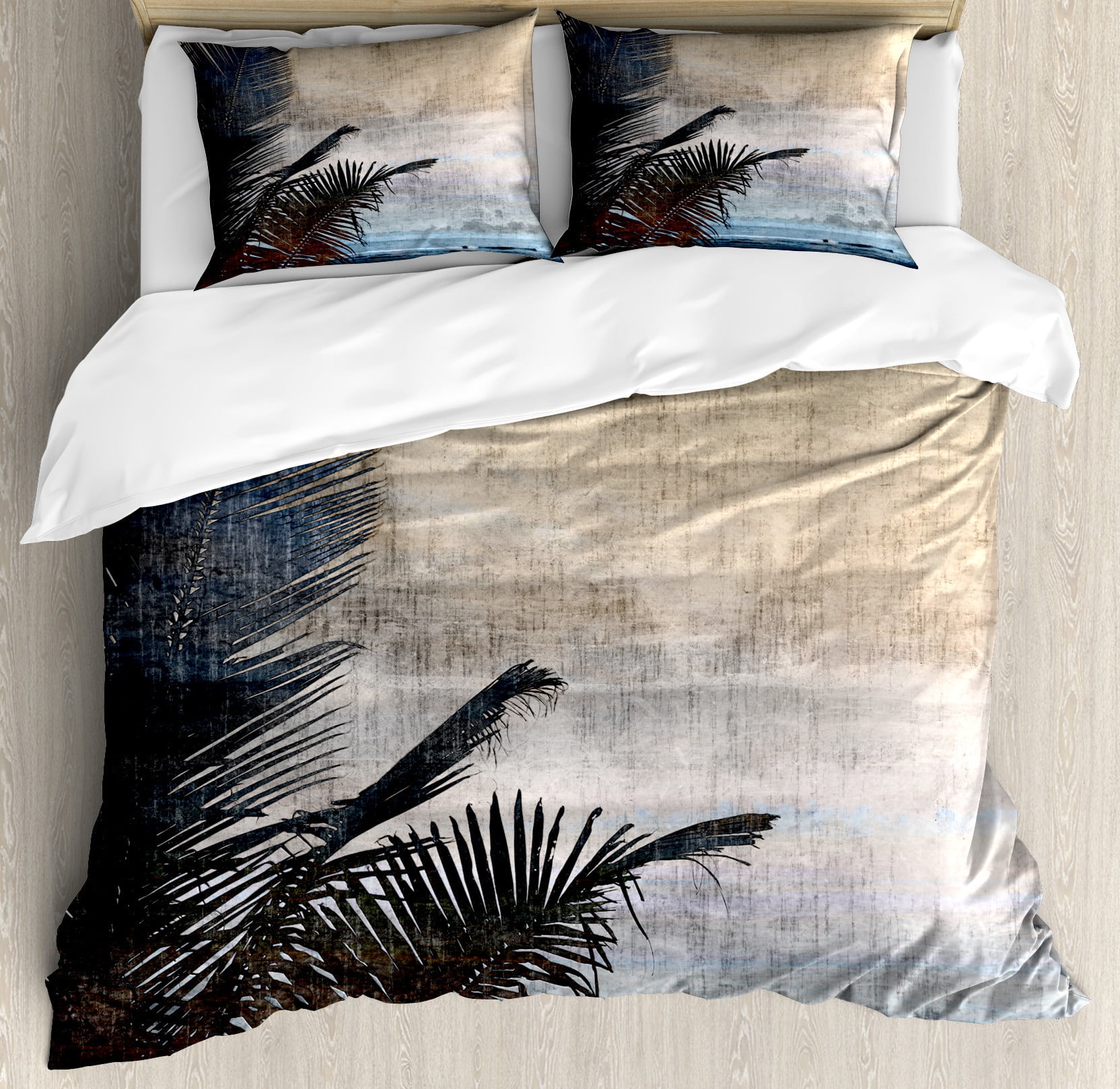 Beige and Navy Palm Tree Queen Duvet Cover Set