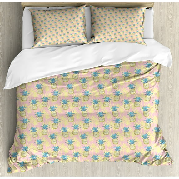 Hawaiian Duvet Cover Set, Pastel Rhythmic Pineapples Pattern on Palm Tree Silhouette Background, Decorative 3 Piece Bedding Set with 2 Pillow Shams, Calking Size, Rose and Pale Yellow, by Ambesonne