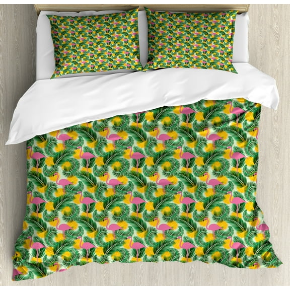 Hawaiian Duvet Cover Set, Summer Theme Depiction of Flamingos Palm Leaves and Orange Slices, Decorative 3 Piece Bedding Set with 2 Pillow Shams, Calking Size, Pale Green and Multicolor, by Ambesonne