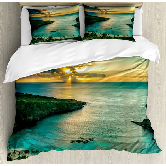 Hawaiian Duvet Cover Set, Sunrise over Hanauma Bay Oahu Hawaii Sunbeams Through Clouds Shoreline, Decorative 3 Piece Bedding Set with 2 Pillow Shams, Calking Size, Turquoise Green Yellow, by Ambesonne