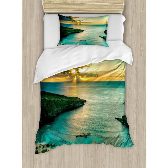 Hawaiian Duvet Cover Set, Sunrise over Hanauma Bay Oahu Hawaii Sunbeams Through Clouds Shoreline, Decorative 2 Piece Bedding Set with 1 Pillow Shams, Twin Size, Turquoise Green Yellow, by Ambesonne