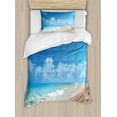 thumbnail image 1 of Hawaiian Duvet Cover Set, Tropical Seacoast Wavy Ocean Fluffy Clouds on Horizon Summer Holidays Scenery, Decorative 2 Piece Bedding Set with 1 Pillow Shams, Twin Size, Blue Turquoise, by Ambesonne, 1 of 3
