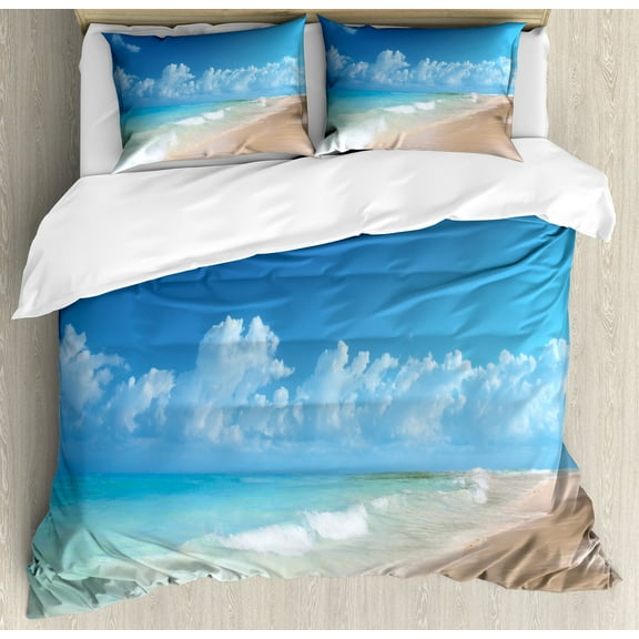 Hawaiian Duvet Cover Set, Tropical Seacoast Wavy Ocean Fluffy Clouds on Horizon Summer Holidays Scenery, Decorative 3 Piece Bedding Set with 2 Pillow Shams, King Size, Blue Turquoise, by Ambesonne