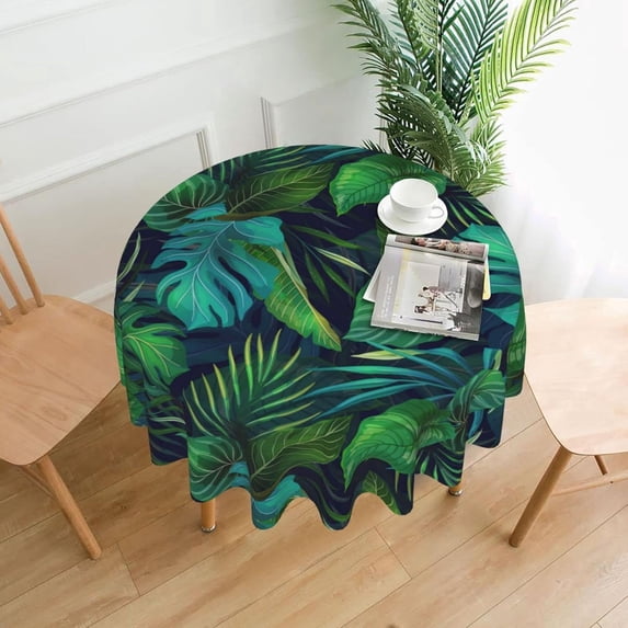 Hawaiian Exotic Tropical Green Leaves Tablecloth Round Summer Table Cover Washable Polyester Table Cloth for Kitchen Party Picnic Dining Decor 60 Inch