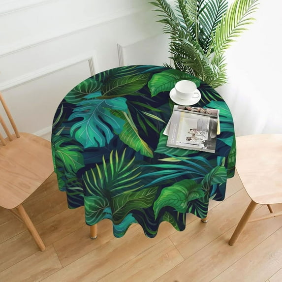 Hawaiian Exotic Tropical Green Leaves Tablecloth Round Summer Table Cover Washable Polyester Table Cloth for Kitchen Party Picnic Dining Decor 60 Inch