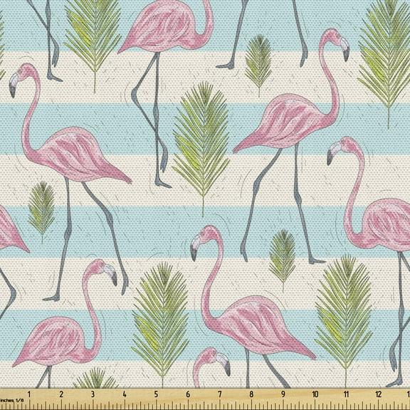 Ambesonne Hawaiian Fabric by the Yard Upholstery, Pink Flamingos Palm Leaves, 10 Yards, Pale Blue and Multicolor