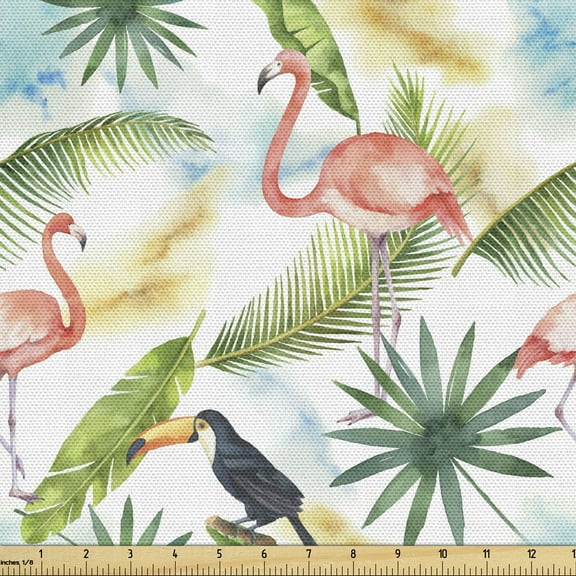 Ambesonne Hawaiian Fabric by the Yard Upholstery, Watercolor Toucan Flamingo, 2 Yards, Multicolor