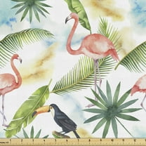 Ambesonne Hawaiian Fabric by the Yard Upholstery, Watercolor Toucan Flamingo, 2 Yards, Multicolor