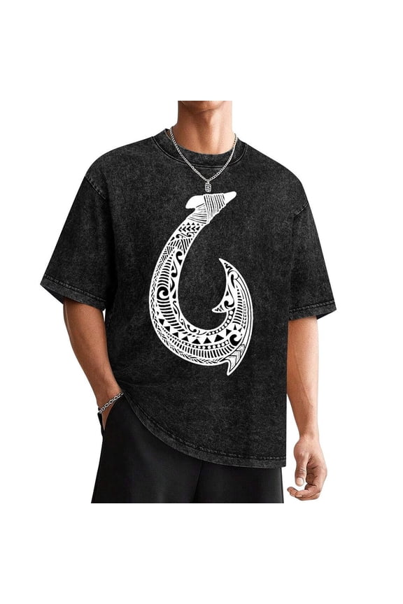 Hawaiian Fish Hook Pacific Islander Hawaiian Design T-Shirt Men's Cotton T-Shirt Washed Tee