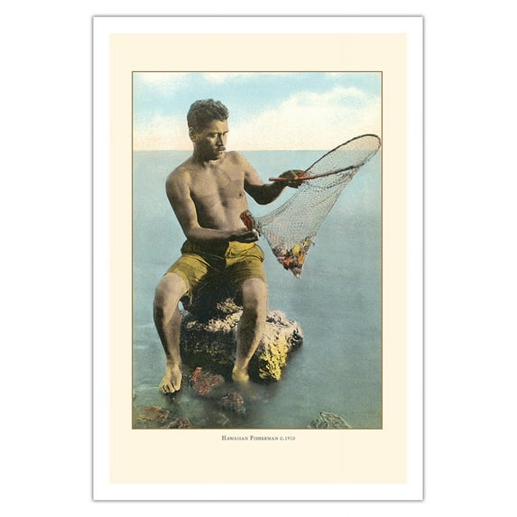Hawaiian Fisherman - Fishing (Lawaiʻa) - Vintage Hawaiian Hand-Colored Postcard c.1910 - Fine Art Matte Paper Print (Unframed) 30x44in