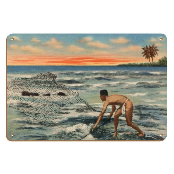 Hawaiian Fisherman (Lawaia) With Net - Vintage Hawaiian Travel Brochure c.1943 - 8 x 12 inch Vintage Wood Art Sign