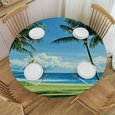 Hawaiian Fitted Round Table Cloth, Waterproof Stain Resistant Elastic Edged Tablecloth, Wipe Clean Table Cover for Outdoor/Indoor