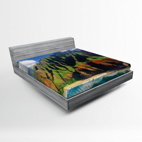 Hawaiian Fitted Sheet, Aerial View of Na Pali Coast Kauai Hawaii Mountain Cliff Seacoast Scenic Photo, Soft Decorative Fabric Bedding, Full Size, Green Brown, by Ambesonne