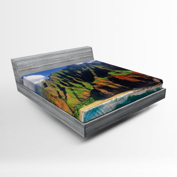 Hawaiian Fitted Sheet, Aerial View of Na Pali Coast Kauai Hawaii Mountain Cliff Seacoast Scenic Photo, Soft Decorative Fabric Bedding, Queen Size, Green Brown, by Ambesonne