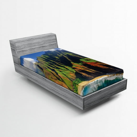Hawaiian Fitted Sheet, Aerial View of Na Pali Coast Kauai Hawaii Mountain Cliff Seacoast Scenic Photo, Soft Decorative Fabric Bedding, Twin Size, Green Brown, by Ambesonne