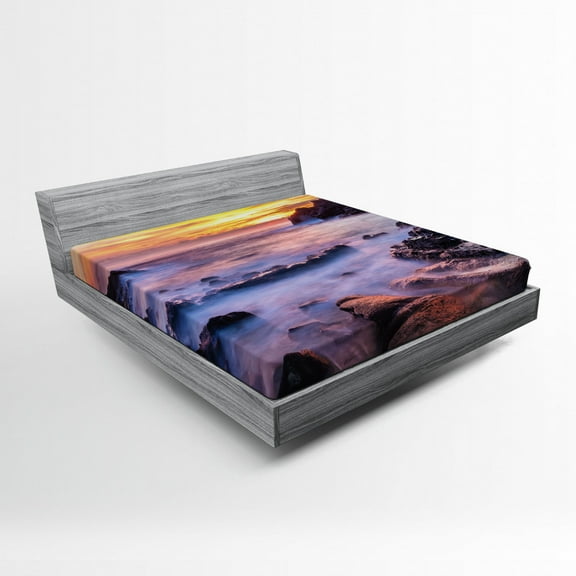 Hawaiian Fitted Sheet Colorful Sunrise at Halona Cove Eternity Beach Oahu Foggy Coast Seascape, Soft Decorative Fabric Bedding, Yellow Orange Purple, by Ambesonne