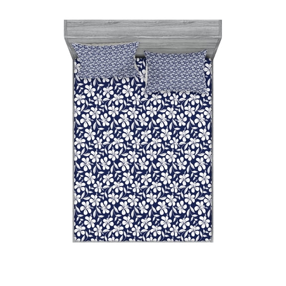 Hawaiian Fitted Sheet & Pillow Sham Set, Hibiscus Flower Silhouettes Repetition Aloha Summer Party Themes Print, Decorative Printed 6 Piece Bedding Decor Set, Calking, Night Blue White, by Ambesonne