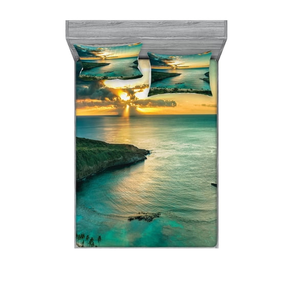 Hawaiian Fitted Sheet & Pillow Sham Set, Sunrise over Hanauma Bay Oahu Hawaii Sunbeams Through Clouds Shoreline, Decorative 6 Piece Bedding Decor Set, Full, Turquoise Green Yellow, by Ambesonne
