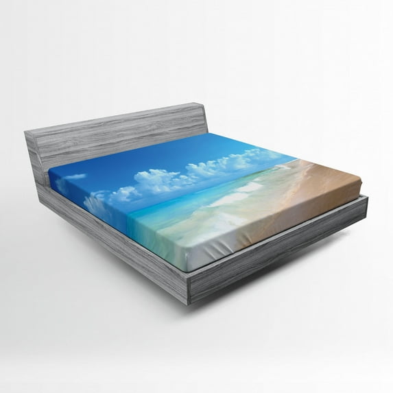 Hawaiian Fitted Sheet, Tropical Seacoast Wavy Ocean Fluffy Clouds on Horizon Summer Holidays Scenery, Soft Decorative Fabric Bedding, Full Size, Blue Turquoise, by Ambesonne