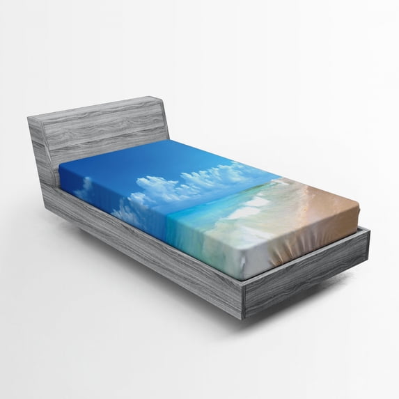 Hawaiian Fitted Sheet, Tropical Seacoast Wavy Ocean Fluffy Clouds on Horizon Summer Holidays Scenery, Soft Decorative Fabric Bedding, Twin Size, Blue Turquoise, by Ambesonne