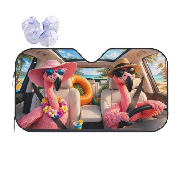 Hawaiian Flamingo Windshield Sun Shade, Cute Pink Flamingo Couple Tropical Vacation Scene, Foldable Auto Front Window Cover UV Blocker Keeps Interior Cool