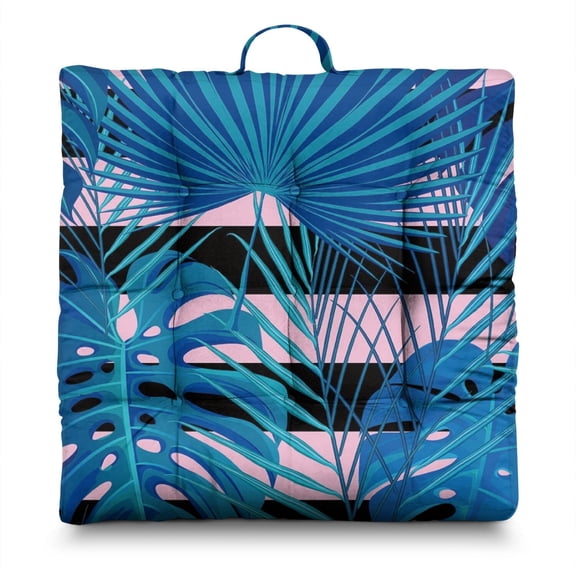 Hawaiian Floor Pillow – 22x22 Inch Large Square Meditation Cushion, Dutch Velvet, Exotic Tropical Leaf Print (Aloha Beach Vacation Style)