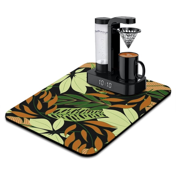 Hawaiian Floral Jungle Leaf Kitchen Mat, Absorbent and Reusable Coffee Pad, Non-Slip Under Appliance Mat with Tropical Design
