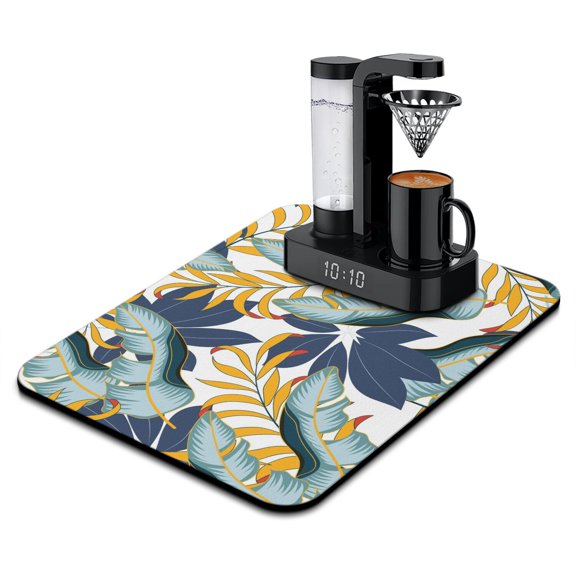 Hawaiian Floral Jungle Leaf Kitchen Mat, Absorbent and Reusable Coffee Pad, Non-Slip Under Appliance Mat with Tropical Design