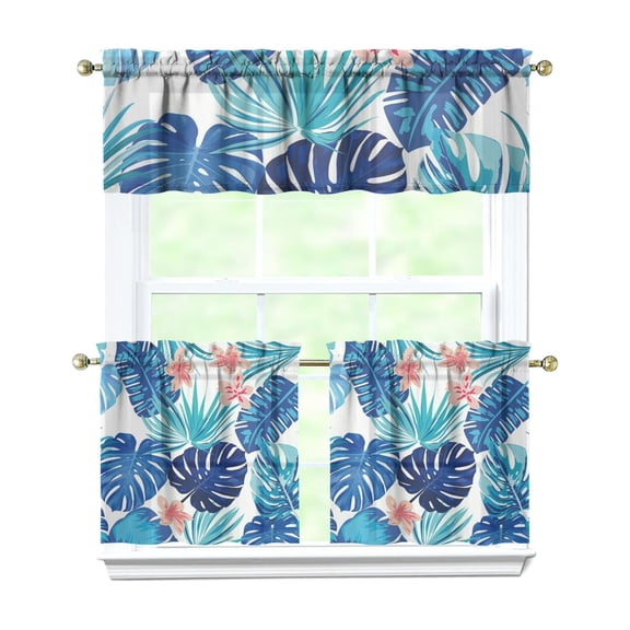 Hawaiian Floral Kitchen Curtains Set, Tropical Plant and Jungle Leaves Rod Pocket Curtains, Farmhouse Style Tier and Valance Set, Energy Efficient Panels