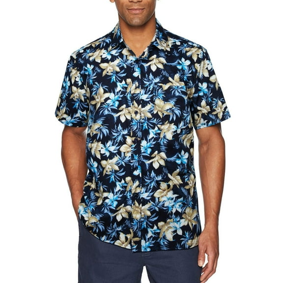 Hawaiian Floral Shirt Mens, Short Sleeve Hawaiian Shirts Casual Button Down Beach Shirt Navy Blue L