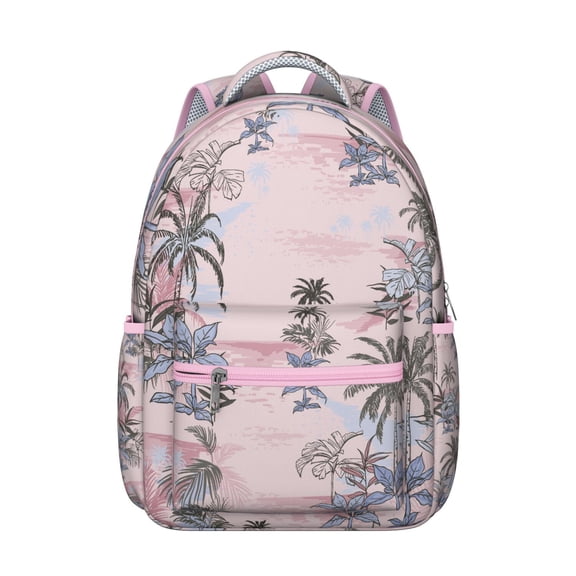 Hawaiian Floral Students Backpack Tropical Jungle Leaves, Hibiscus Design Summer Beach School and Travel Bag