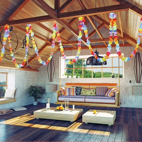 Hawaiian Flower Garlands | Colorful Polyester Floral Lei Strip for Luau Party, Pool Decor, Summer Beach Holiday | 2M, 3M, 6M Cuttable | Hawaiian Banquet Decoration