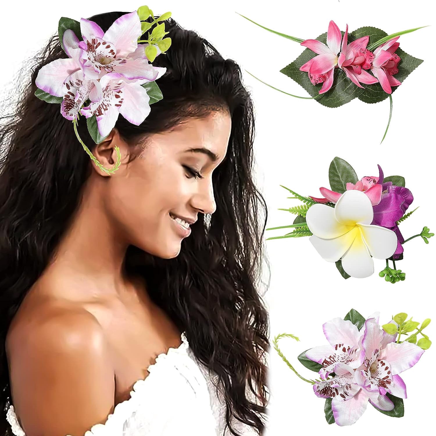 Hawaiian Flower Hair Accessories - 3 Pieces Artificial Tropical Flower Hair Pins, Large Hair Pieces for Women (White, Pink, Purple)