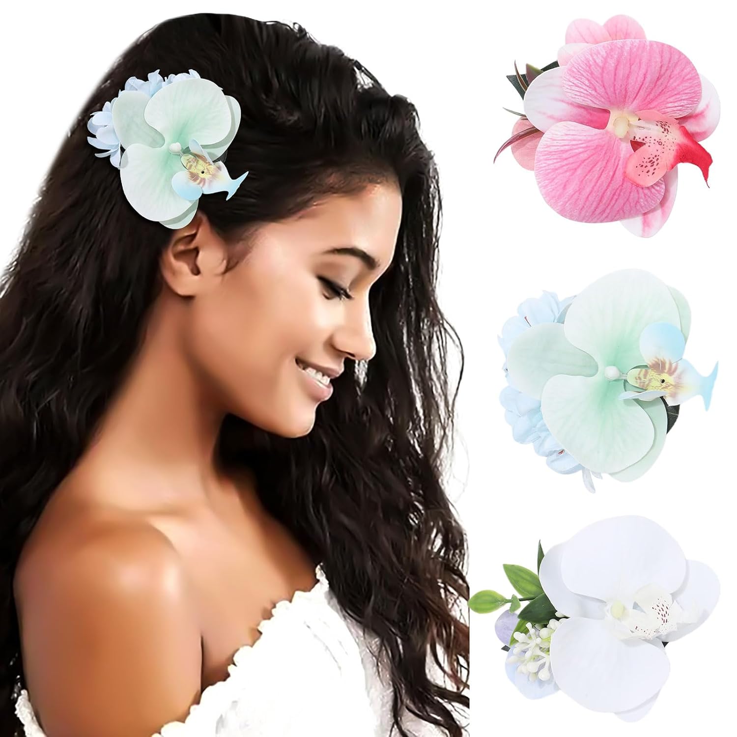 Hawaiian Flower Hair Clips for Women - 3PCS Beach Tropical Hair Clips for Girls,Artificial Flower Clips for Beach,Hawaiian Hair Accessories for Vacation Party