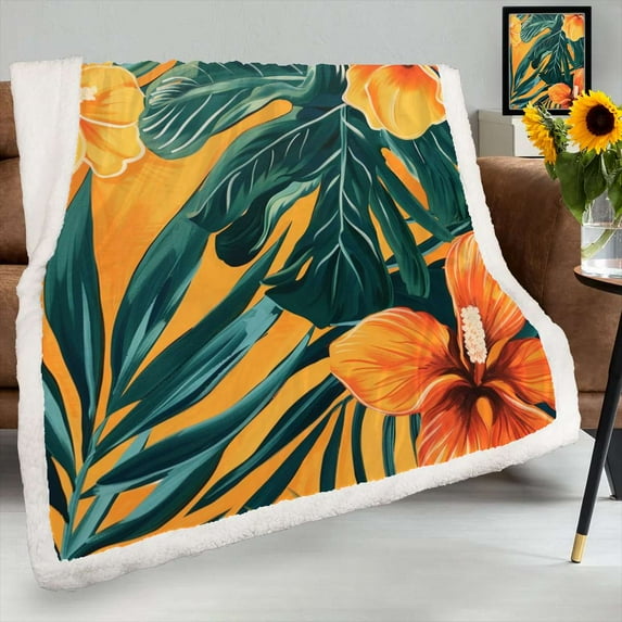 Hawaiian Flower Tropical Flower Pattern Sherpa Blanket Throw Blanket For Bed Chair Sofa Blanket For Women Men Blanket Microfiber