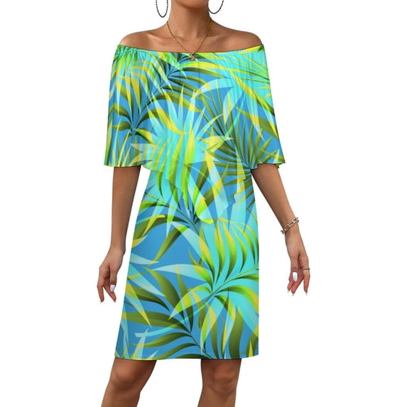 Hawaiian Flowers And Leaves for Background Women's Off The Shoulder Ruffles Summer Wedding Guest Loose Casual Party Beach Dress