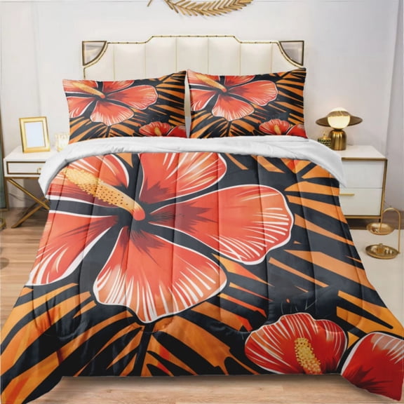 Hawaiian Flowers Palm Leaves Orange Flowers (235) Comforter Sets For Adults Bedroom,Decorative 3 Piece Bedding Comforter Sets With 2 Pillowcase Queen Size