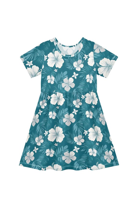 Hawaiian Flowers Pattern Girls Short Sleeve Dress A Line Sun Protection Breathable Comfort Sundress 3T