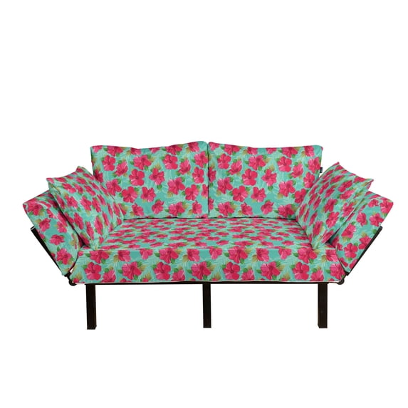 Hawaiian Futon Couch, Botanical Garden Pattern with Pink Hibiscus Blossoms Aloha Nature, Daybed with Metal Frame Upholstered Sofa for Living Dorm, Loveseat, Magenta Seafoam, by Ambesonne