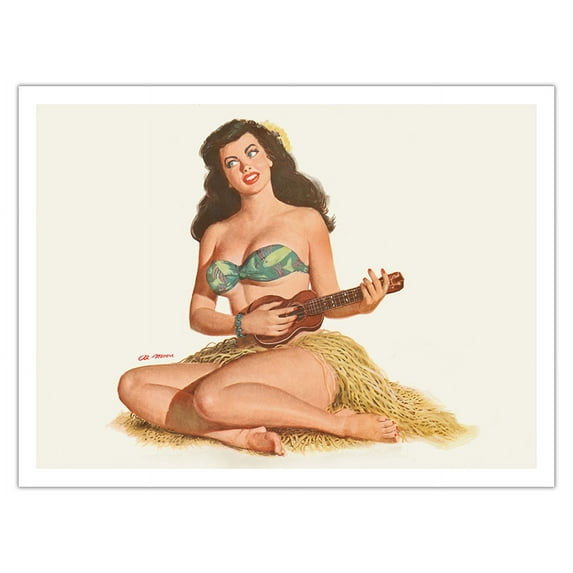 Hawaiian Girl Playing the ʻUkulele - Vintage Pin Up Girl Print by Al Moore c.1951 - Bamboo Fine Art 290gsm Paper (Unframed) 12x16in