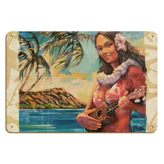 Hawaiian Girl With Ukulele - Vintage Hawaiian Travel Poster by Wade Koniakowsky - 8 x 12 inch Vintage Wood Art Sign