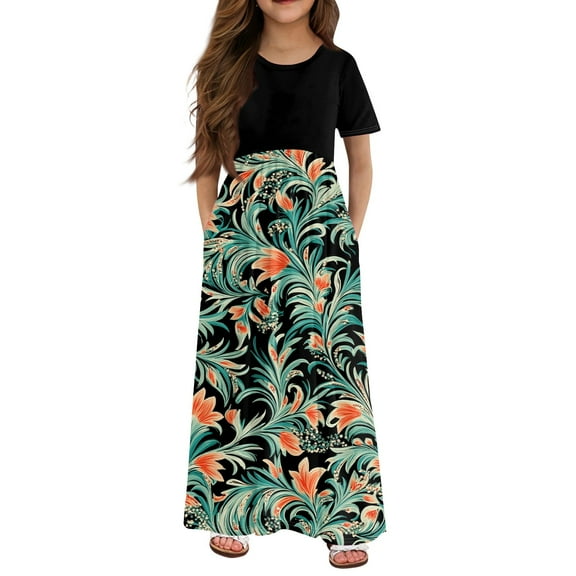 Hawaiian Girls Dresses Size 10-12 Palm Tree Graphic Crewneck T Shirt Dress Little Girls Patchwork Dress Short Sleeve Beach Dresses 2025 Summer Casual Maxi Dress with Pockets,Black 13-14 Years