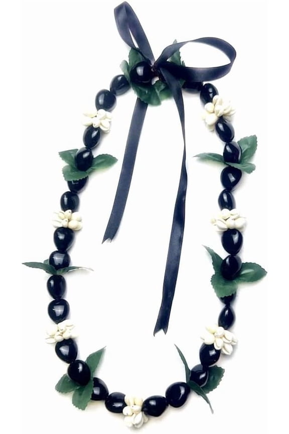 Hawaiian Graduation Black Kukui Nut Leis Flower Necklace Ribbon Bow Tie Closure Adjustable Acrylic Heart Shell Beads for High School College Graduation Party Accessories