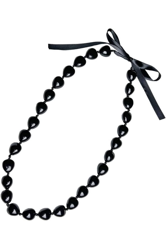 Hawaiian Graduation Black Kukui Nut Leis Flower Necklace Ribbon Bow Tie Closure Adjustable Acrylic Heart Shell Beads for High School College Graduation Party Accessories