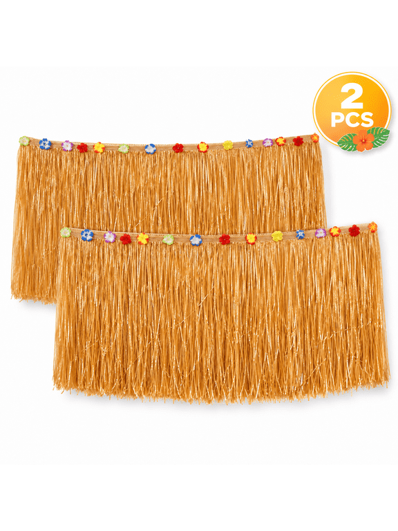 Hawaiian Grass Table Skirt, Straw Table Skirt for Tropical Party Decorations and Hawaiian Themes, 9 ft x 29.5 inch, 2 Pcs