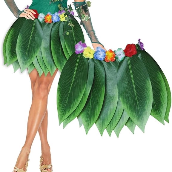 Hawaiian Green Leaf Hula Grass Skirt with Artificial Flowers, Summer Luau Tropical Style Costume for Women, Perfect for Wedding, Beach Party & Tropical Themed Events