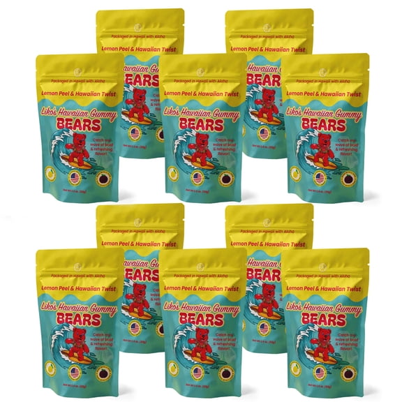 Hawaiian Gummy Bears with Li Hing & Lemon Peel Sweet, Sour & Salty Island Candy Snack from Hawaii Gluten Free Gummy Bears 2.5 oz Bags, 10 Pack (Bulk)