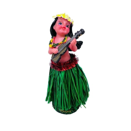Hawaiian Hand Painted Dashboard Dancing Hula Doll Strumming Ukulele with Green Skirt from Hawaii